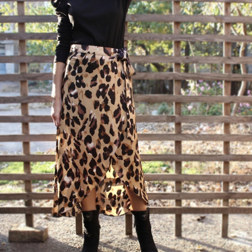 1 Left! Leopard Printed Midi Tie Wrap Around Skirt - Picture 7 of 8
